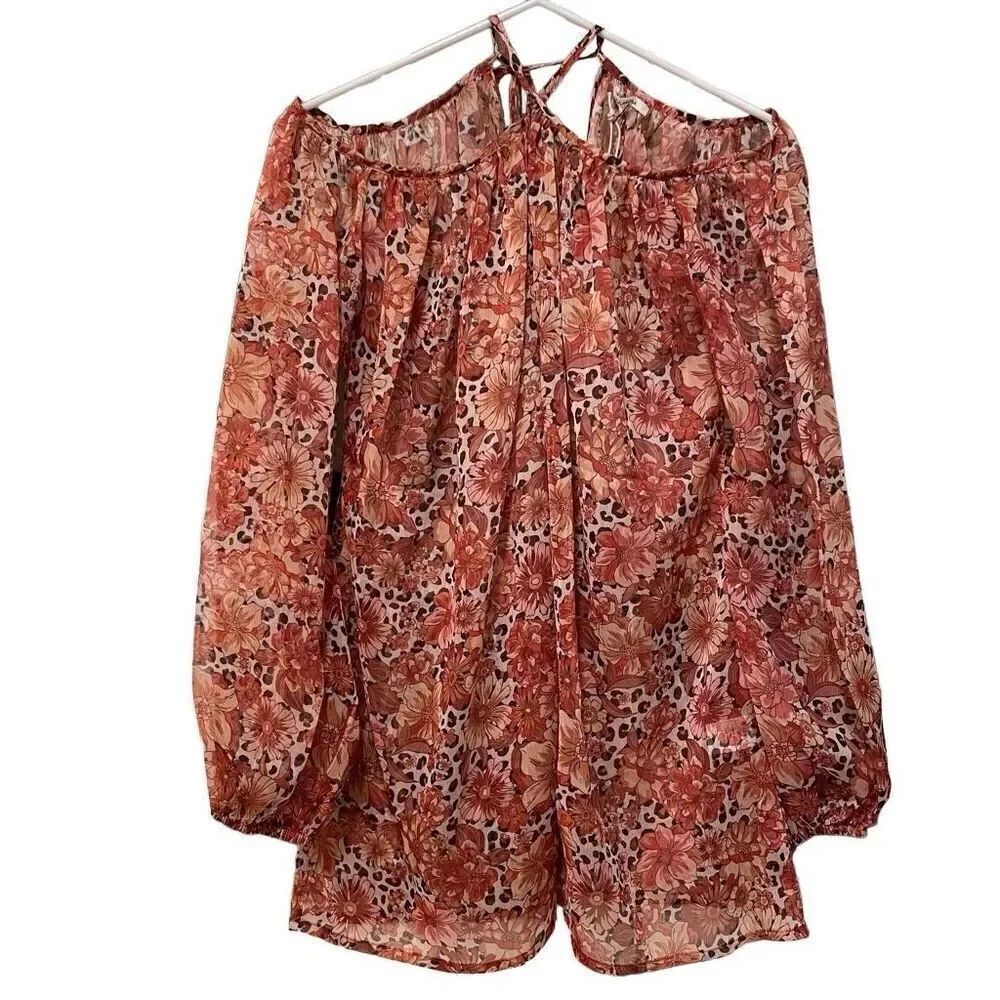 Tularosa Womens Hippie Boho Sheer Blouse S Blouson Sleeve Orange Floral Tie Neck